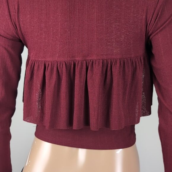 3/$20 Zara W&B Collection Maroon Long Sleeve Crop Top Tiered Ruffle Flounce Fall - Picture 7 of 11